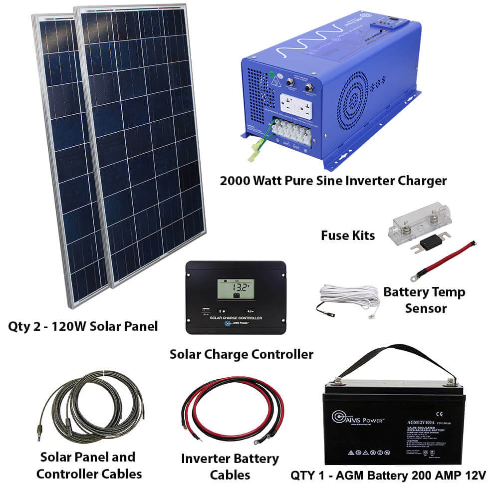 The Aims Power solar kit is a complete off-grid system with two solar panels, inverter charger, fuse kit, battery temperature sensor, solar charge controller, cables, and a 12V AGM battery.