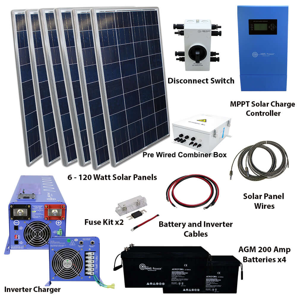 The AIMS Power solar kit, ideal for off-grid living, features six 120-watt panels, a pure sine inverter, a disconnect switch, an MPPT charge controller, a pre-wired combiner box, fuse kit, battery cables, and four AGM 200 amp batteries for seamless energy independence.