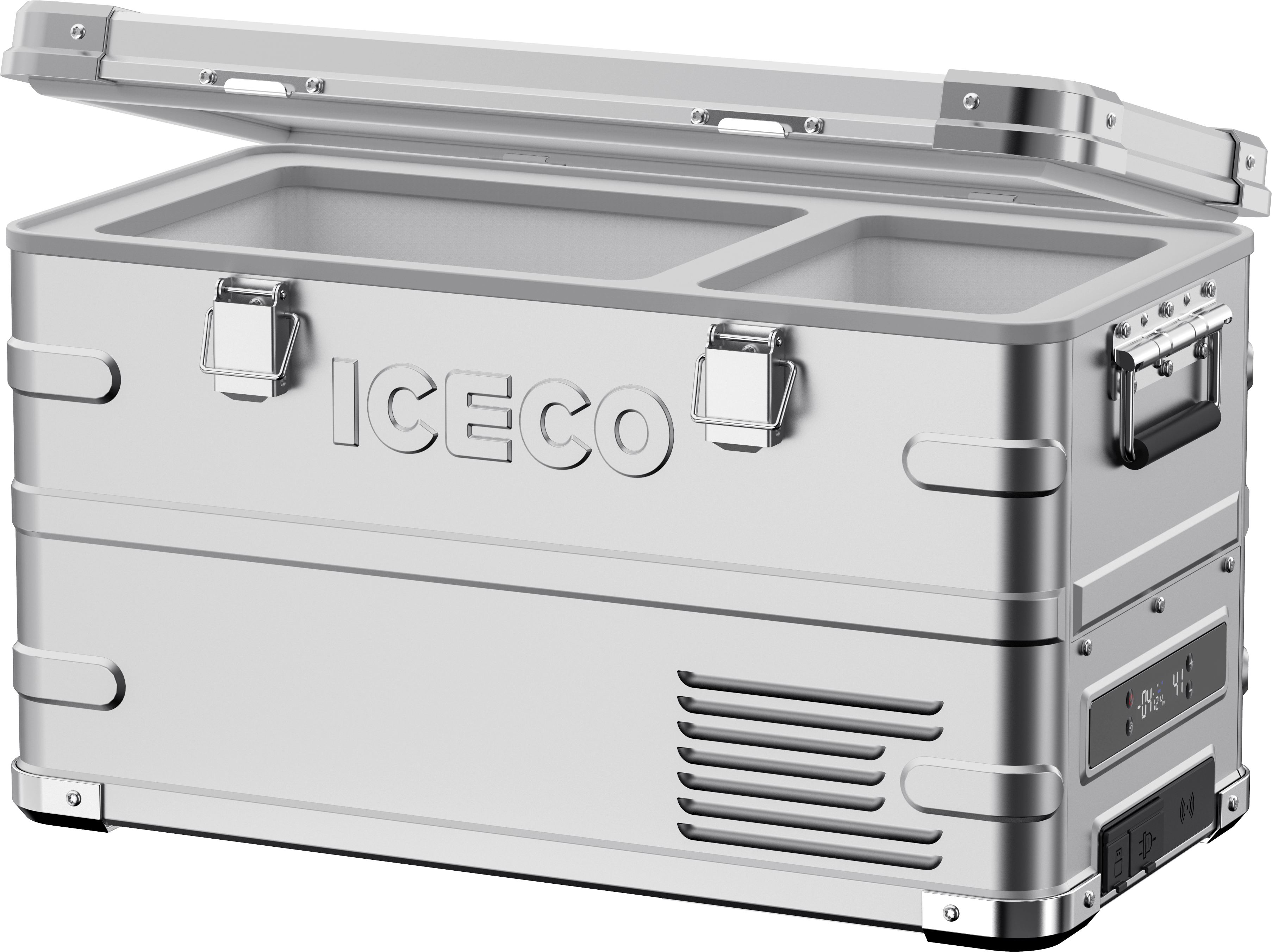 A silver ICECO Wholesale cooler with the lid open shows two compartments featuring APL35 Dual Zone Freezer technology. It has sturdy handles, metal clasps for secure closure, lower venting, and reliable cooling powered by SECOP compressors.