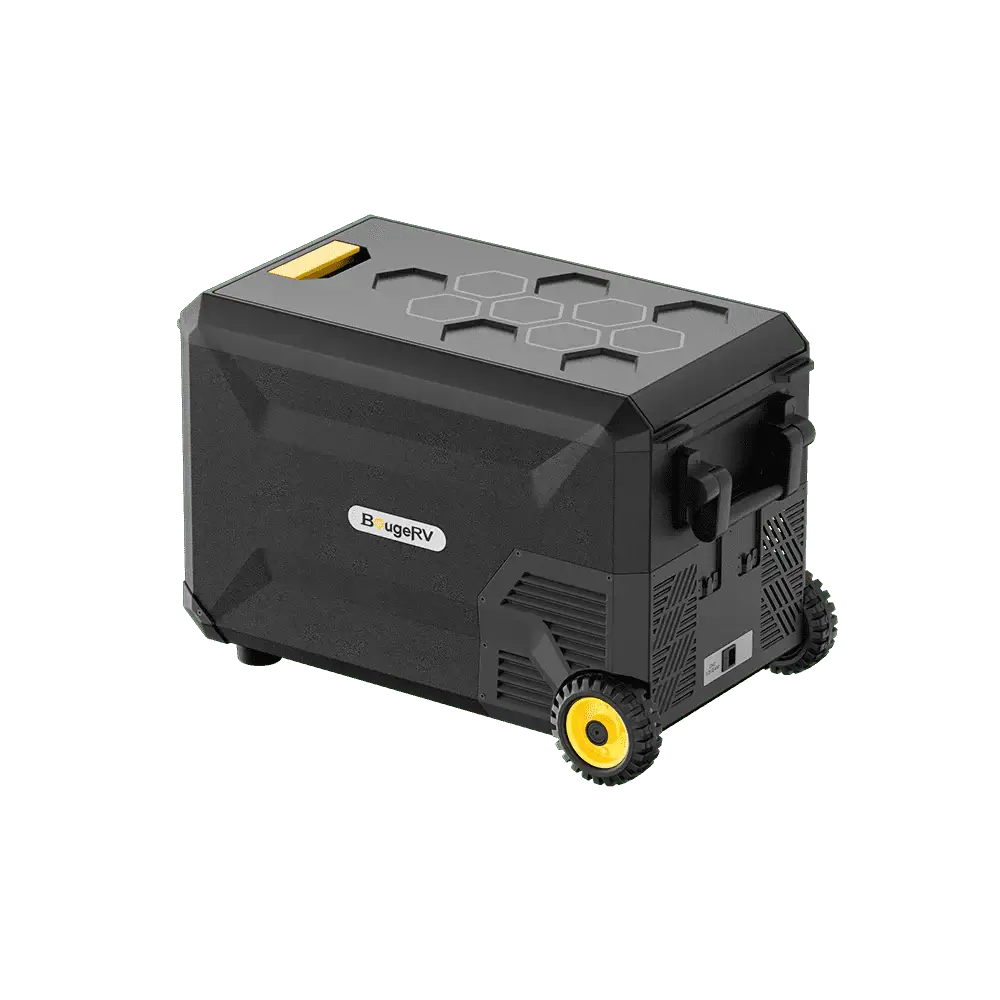 The ASPEN 30 PRO is a sleek black portable power station from BougeRV, featuring a hexagon-patterned top, dual-zone functionality, and two sturdy wheels. A yellow accent enhances its design, and the BougeRV brand name adorns the side. It's perfect for powering your portable refrigerator on the go.
