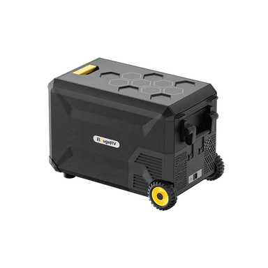 The ASPEN 30 PRO is a sleek black portable power station from BougeRV, featuring a hexagon-patterned top, dual-zone functionality, and two sturdy wheels. A yellow accent enhances its design, and the BougeRV brand name adorns the side. It's perfect for powering your portable refrigerator on the go.
