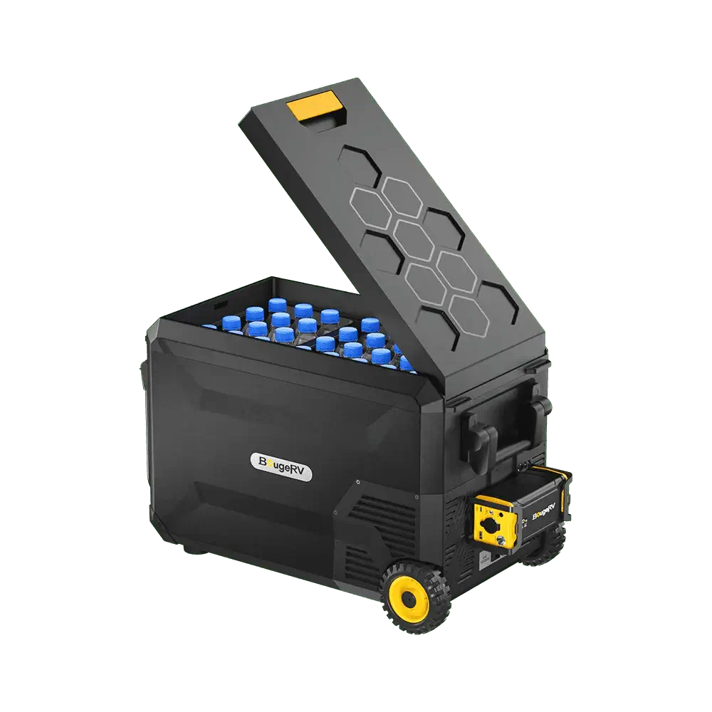 The BougeRV ASPEN 30 PRO is a sleek black portable cooler with a yellow handle and wheels, designed for dual zone cooling. The lid, partially opened to show blue bottles inside, has a hexagonal pattern and includes a digital display on the side for precise temperature control.