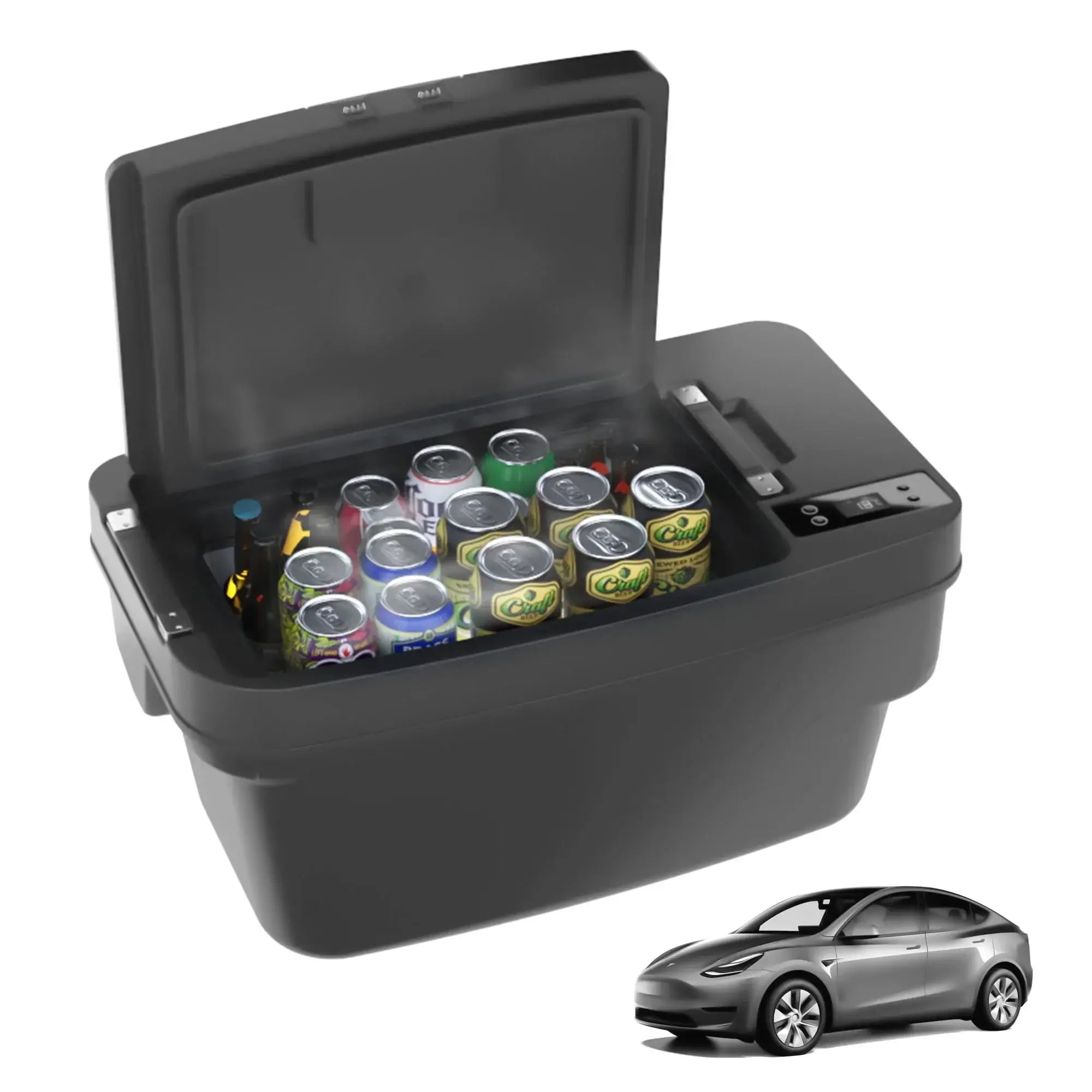 The ACOPOWER portable black cooler, shown with its lid open and filled with assorted cans, sits beside a silver car—making it the perfect eco-friendly fridge for your road trips and outdoor adventures.