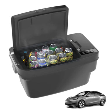 The ACOPOWER portable black cooler, shown with its lid open and filled with assorted cans, sits beside a silver car—making it the perfect eco-friendly fridge for your road trips and outdoor adventures.