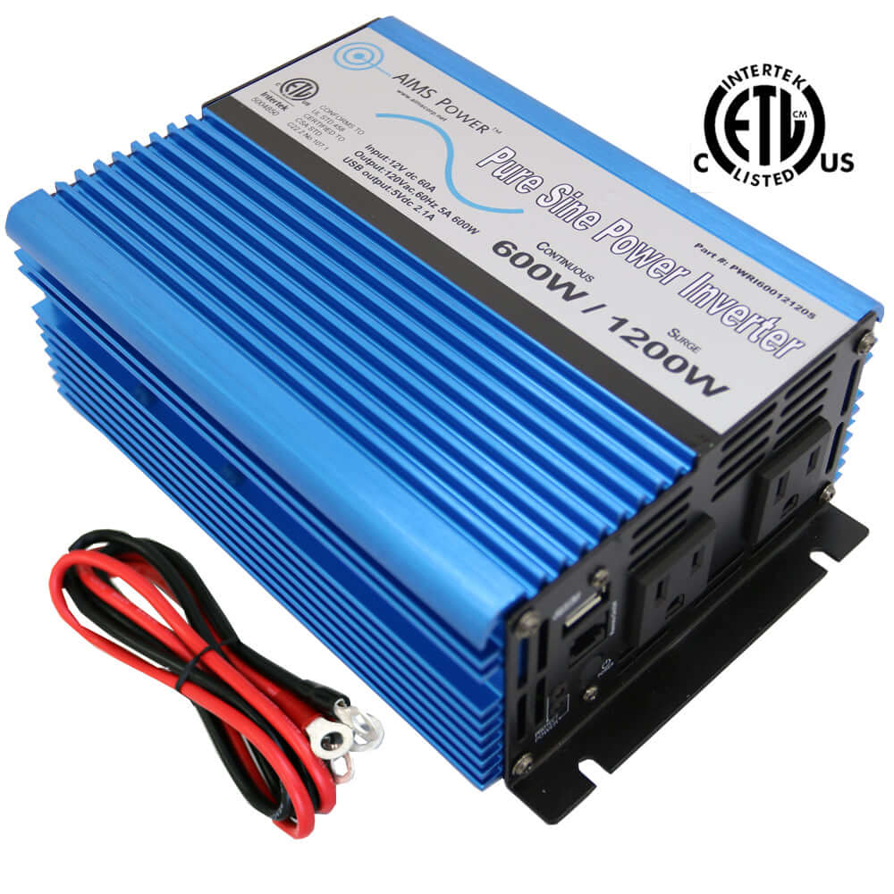 A blue AIMS Power pure sine inverter (600W/1200W) is pictured with two black AC outlets and red and black power cables, perfect for off-grid solar kits. Certification logos appear in the top right corner.