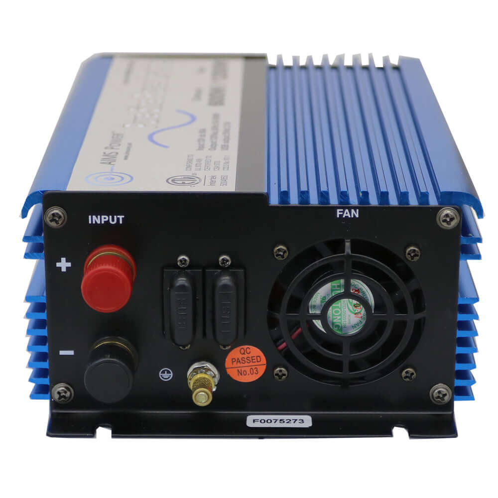 The AIMS Power blue and black pure sine inverter features labeled input terminals, dual switches, a cooling fan, and a QC sticker—perfect for 240 watt solar or off-grid setups.