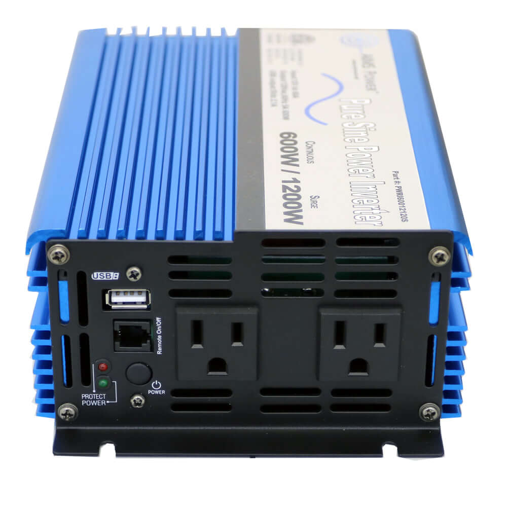 AIMS Power blue and black pure sine wave inverter (600W/1200W) with dual AC outlets, USB port, switches, and indicator lights on the silver top—ideal for any off-grid solar kit or 240-watt solar system.