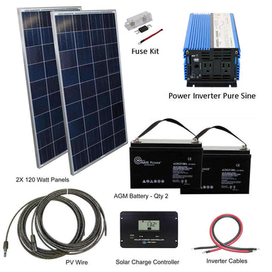 The AIMS Power off-grid solar kit features two 120W panels (240W total), fuse kit, pure sine inverter, two AGM batteries, PV wire, solar charge controller, and inverter cables—everything for efficient solar power anywhere.