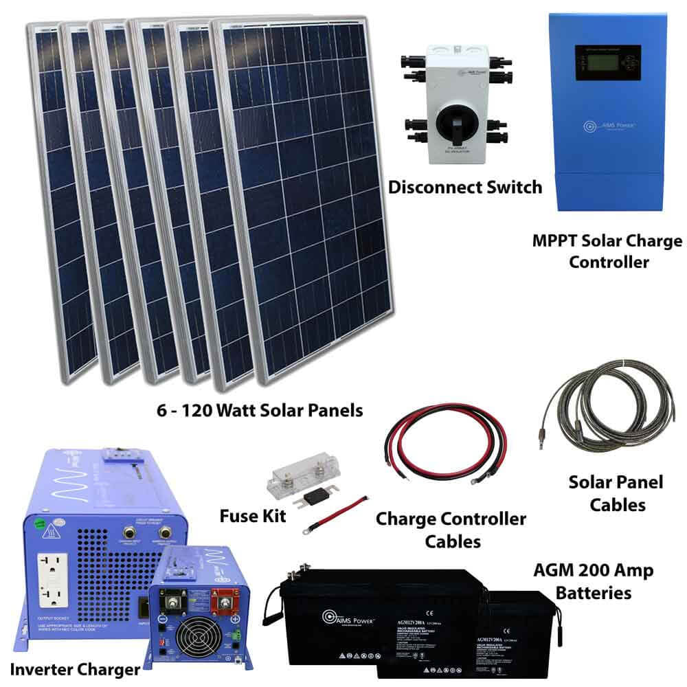The image displays an off-grid solar kit by AIMS Power, including six 120W solar panels, a disconnect switch, an MPPT charge controller, a pure sine inverter charger, AGM 200Ah batteries, a fuse kit, and essential cables for seamless connectivity.