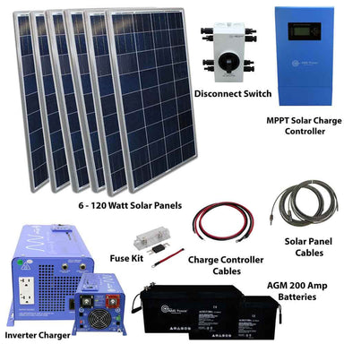 The image displays an off-grid solar kit by AIMS Power, including six 120W solar panels, a disconnect switch, an MPPT charge controller, a pure sine inverter charger, AGM 200Ah batteries, a fuse kit, and essential cables for seamless connectivity.