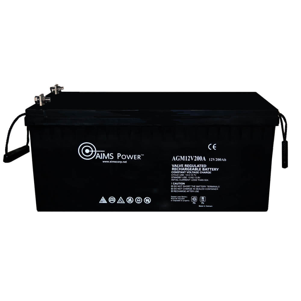 The AIMS Power AGM12V200A deep cycle black rectangular battery, designed for off-grid solar kits, boasts front symbols and specs. This sealed lead-acid battery features dual top terminals, perfect for pairing with a pure sine inverter charger.