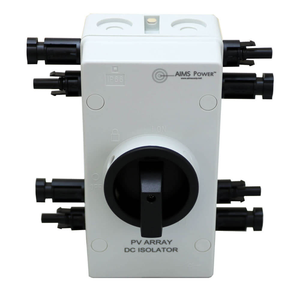 The image shows a white AIMS Power DC Isolator with a central black switch, accompanied by several side connectors for off-grid solar integration. Marked with a robust IP66 rating, it is designed for durability in various conditions.
