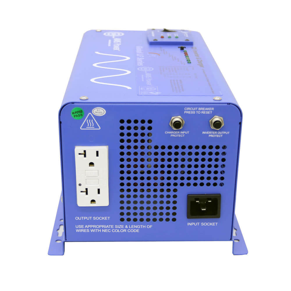 The AIMS Power blue inverter charger features multiple AC outlets, labeled input/output sockets, and venting areas. It's perfect for off-grid solar kits with its pure sine wave design for efficient conversions and enhanced protective connections.
