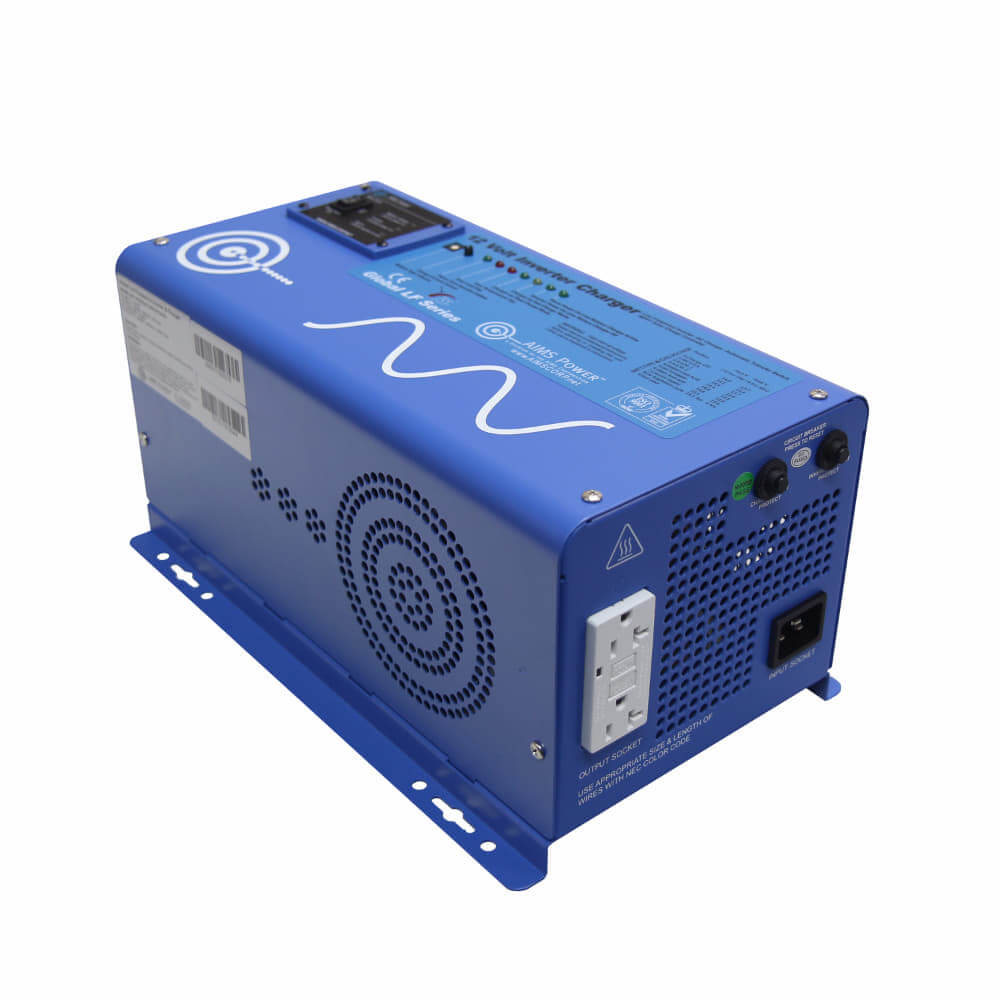 AIMS Power offers a blue rectangular pure sine power inverter with multiple side outlets and switches, circular cooling vent, indicator lights, labels, waveform graphic, and off-grid solar kit compatibility.