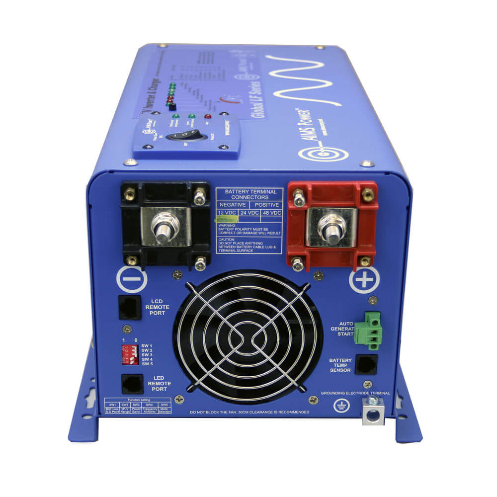 The AIMS Power blue inverter, perfect for off-grid solar kits, boasts red and black terminal posts, a rear built-in fan, various input/output ports, and displays white text and symbols to emphasize its pure sine inverter capability.