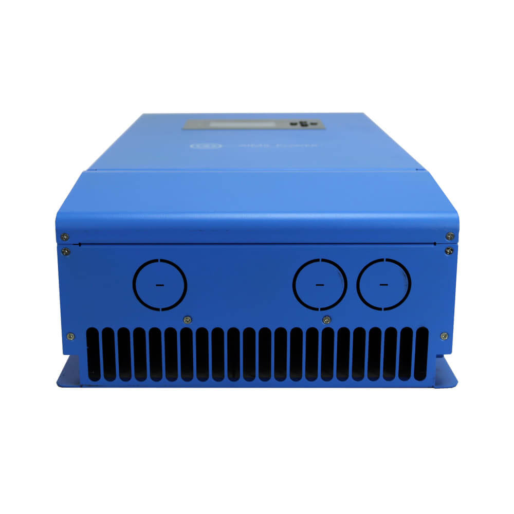 A blue, rectangular AIMS Power device with air vents and two circular ports on the front, plus a display and control buttons on top, is shown. This pure sine inverter charger against a white background is perfect for an off-grid solar kit.
