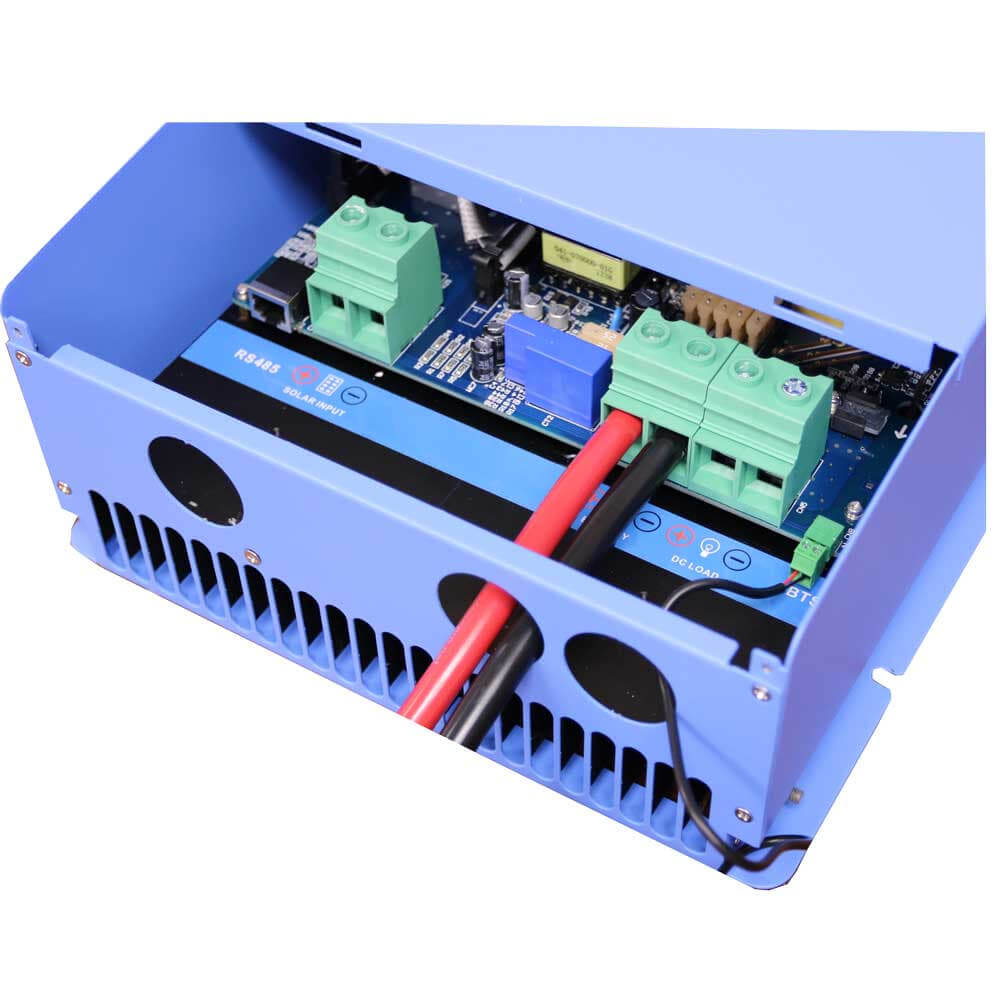 This blue AIMS Power device reveals internal parts like a circuit board, and red and black cables. It includes green terminal blocks and connectors, housed in a partially open metal casing, ideal for off-grid solar kit integration.