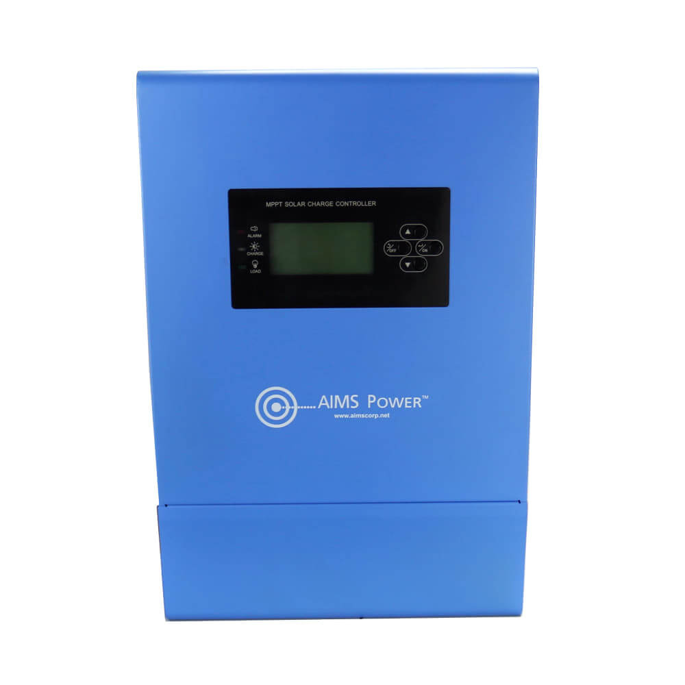 The blue MPPT solar charge controller, ideal for off-grid kits, features a digital display and control buttons. It showcases the "AIMS Power" brand in white alongside a circular logo.