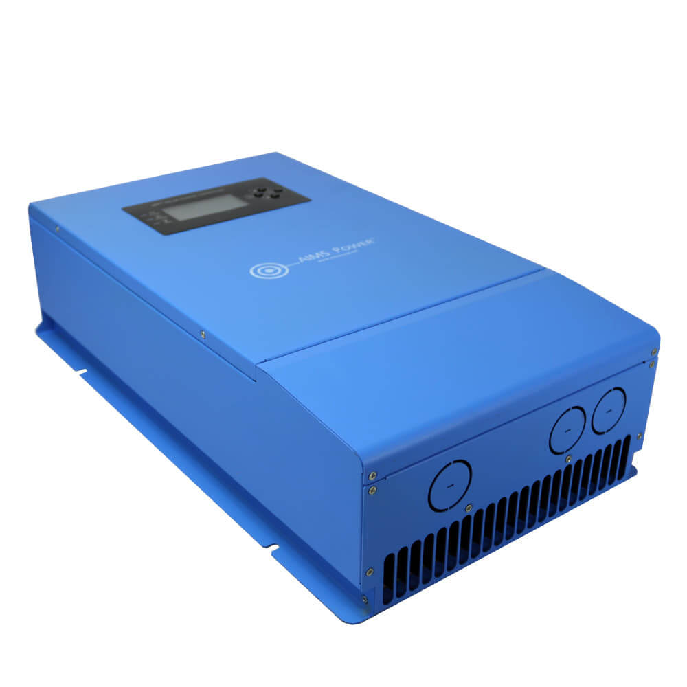 This 720-watt solar device from AIMS Power is a sleek blue, rectangular marvel with a display screen on top. It features a logo and text, and has vent openings on one end for effective cooling.
