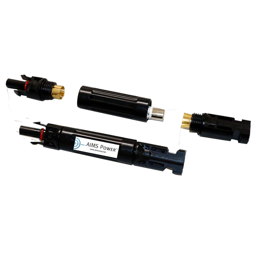 A disassembled AIMS Power fuse holder kit, featuring a black tube and two end connectors with gold and silver contacts, is displayed on a white background—ideal for off-grid setups like pure sine inverters.