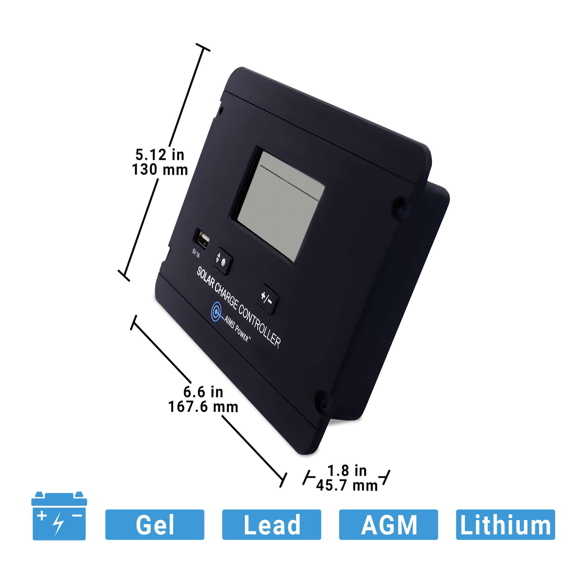 AIMS Power black solar charge controller with digital display, perfect for off-grid setups. Size: 5.12"H x 6.6"W x 1.8"D. Compatible with Gel, Lead, AGM, and Lithium batteries; pairs well with a 380W solar kit.