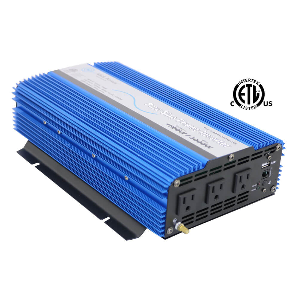 AIMS Power blue pure sine inverter with three AC outlets, ventilation fins, top label, ETL mark on the right, and front ports/switches—perfect for off-grid setups or use with a 380W solar kit.
