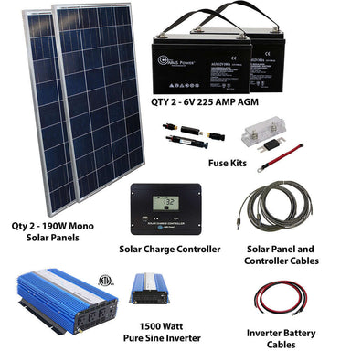 The AIMS Power off-grid solar kit includes two 190W mono panels, two 6V 225Ah AGM batteries, a fuse kit, charge controller, cables, and a blue 1500W pure sine inverter—perfect for dependable off-grid energy.