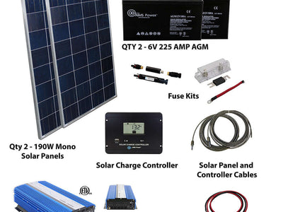 The AIMS Power off-grid solar kit includes two 190W mono panels, two 6V 225Ah AGM batteries, a fuse kit, charge controller, cables, and a blue 1500W pure sine inverter—perfect for dependable off-grid energy.