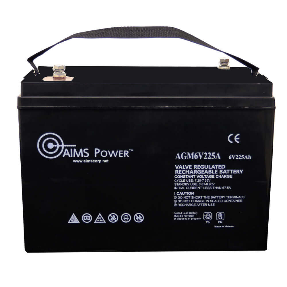 The AIMS Power AGM6V225A is a black, valve-regulated rechargeable battery with a top handle, safety icons, and specs on the front—perfect for off-grid setups or use with a 380-watt solar kit.