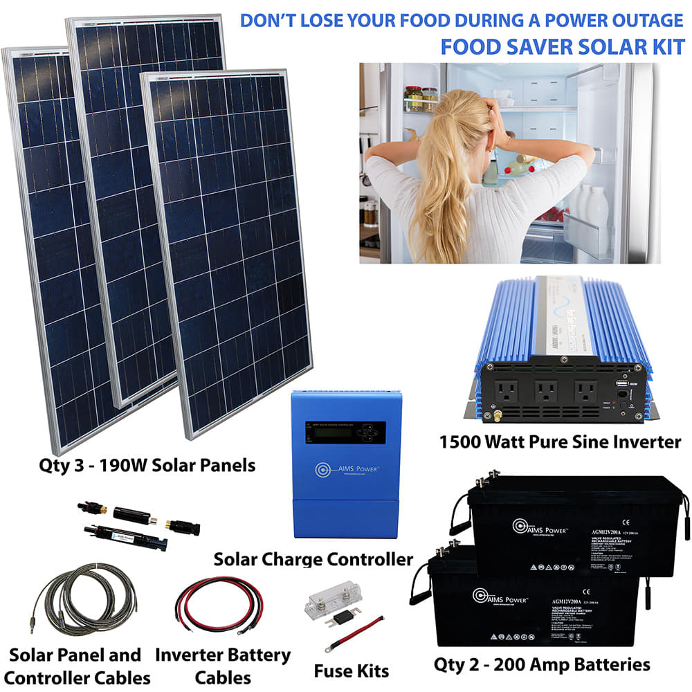 A collage shows three solar panels, a woman at a fridge, a 570W AIMS Power solar kit, 1500W inverter, charge controller, two batteries, cables, and fuses—labeled as an off grid food saver solar kit for power outages.