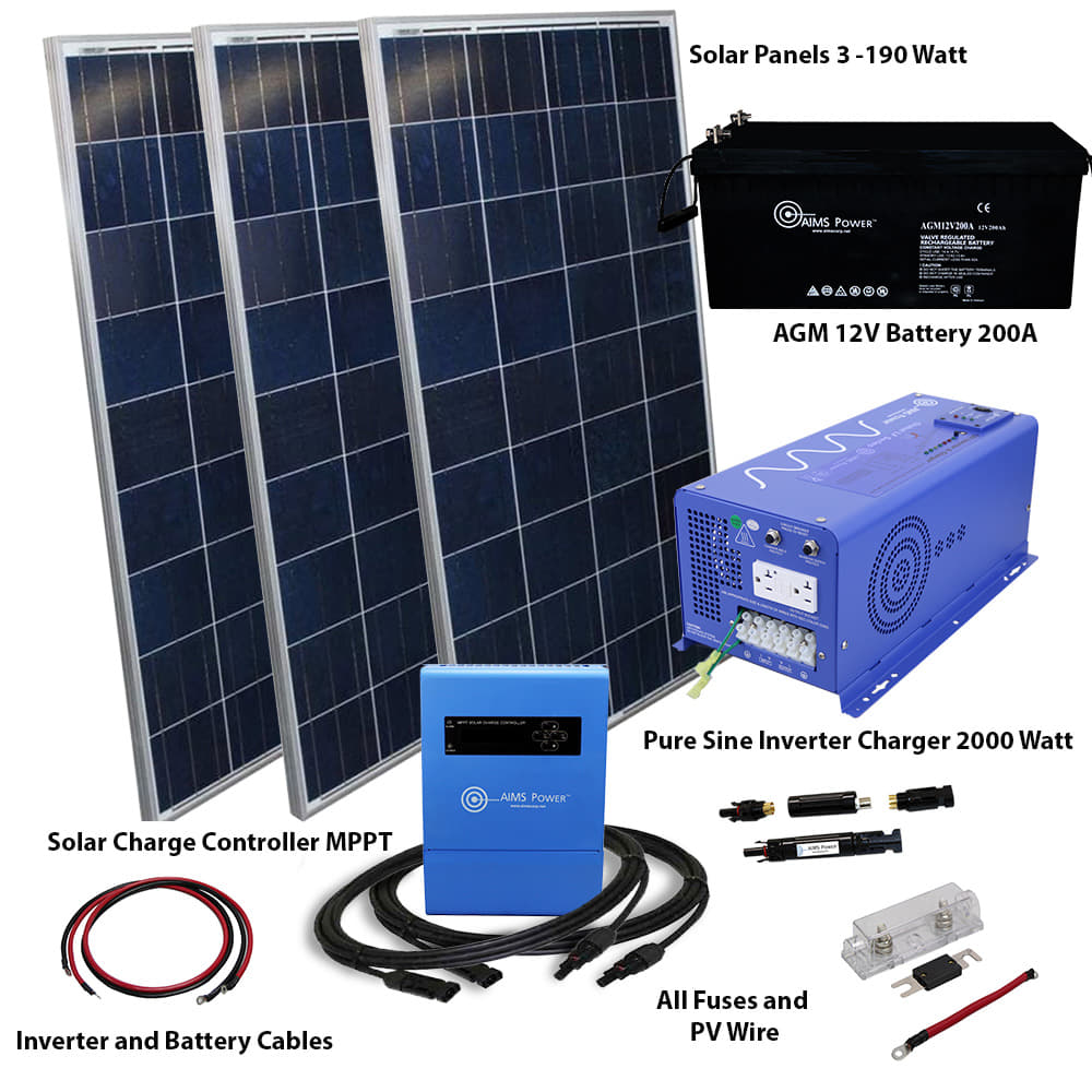 The AIMS Power 570W Solar Kit includes three solar panels, a 12V 200Ah AGM battery, a 2000W inverter charger, solar controller, cables, fuses, and PV wire—all clearly labeled for easy setup and off-grid power reliability.