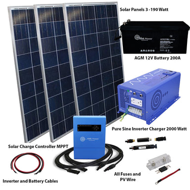 The AIMS Power 570W Solar Kit includes three solar panels, a 12V 200Ah AGM battery, a 2000W inverter charger, solar controller, cables, fuses, and PV wire—all clearly labeled for easy setup and off-grid power reliability.