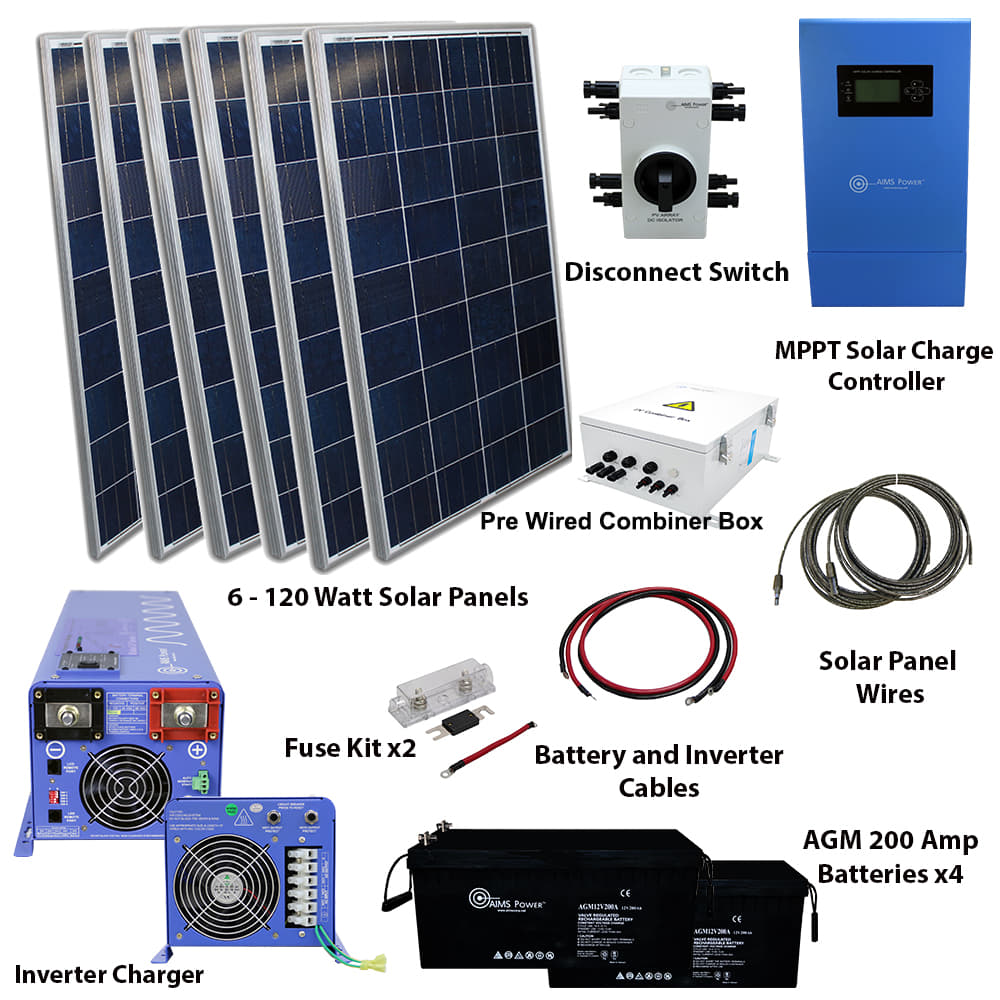 The AIMS Power off-grid solar kit includes six solar panels, MPPT controller, pre-wired combiner box, 720W inverter charger, cables, fuse kits, disconnect switch, and four 200Ah AGM batteries—everything for reliable solar energy.