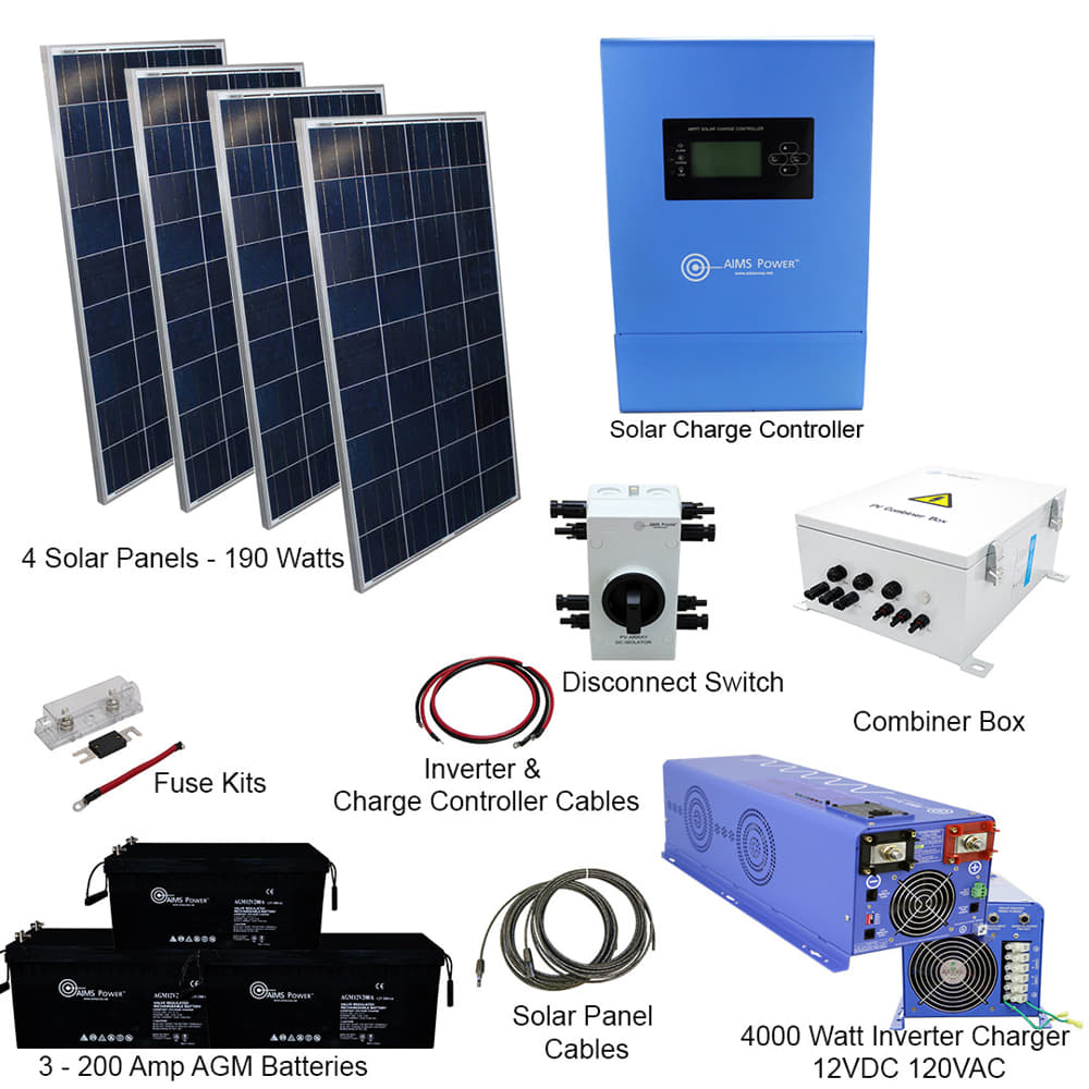 The AIMS Power 760W solar kit includes 4 panels, a combiner box, disconnect switch, fuse kits, 3 batteries, cables, and a pure sine inverter charger—perfect for off-grid systems—all items arranged separately on a white background.