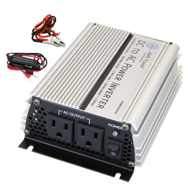 AIMS Power silver DC to AC inverter with two AC outlets, power switch, and red/black alligator clip cables—ideal for backup power or off-grid solar kits. Shown on a white background.