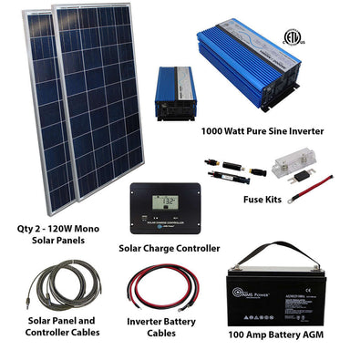The AIMS Power 240W solar kit is ideal for off-grid use, with two 120W panels, a 1000W pure sine inverter, charge controller, fuse kits, all cables, and a 100Ah AGM battery for dependable off-grid power.