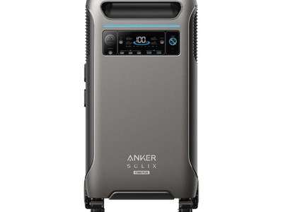 The Anker Solix F3800 portable power station includes a digital battery display, solar input, multiple charging ports, and is designed for easy mobility with wheels and a handle. The brand name and model number are prominently displayed.