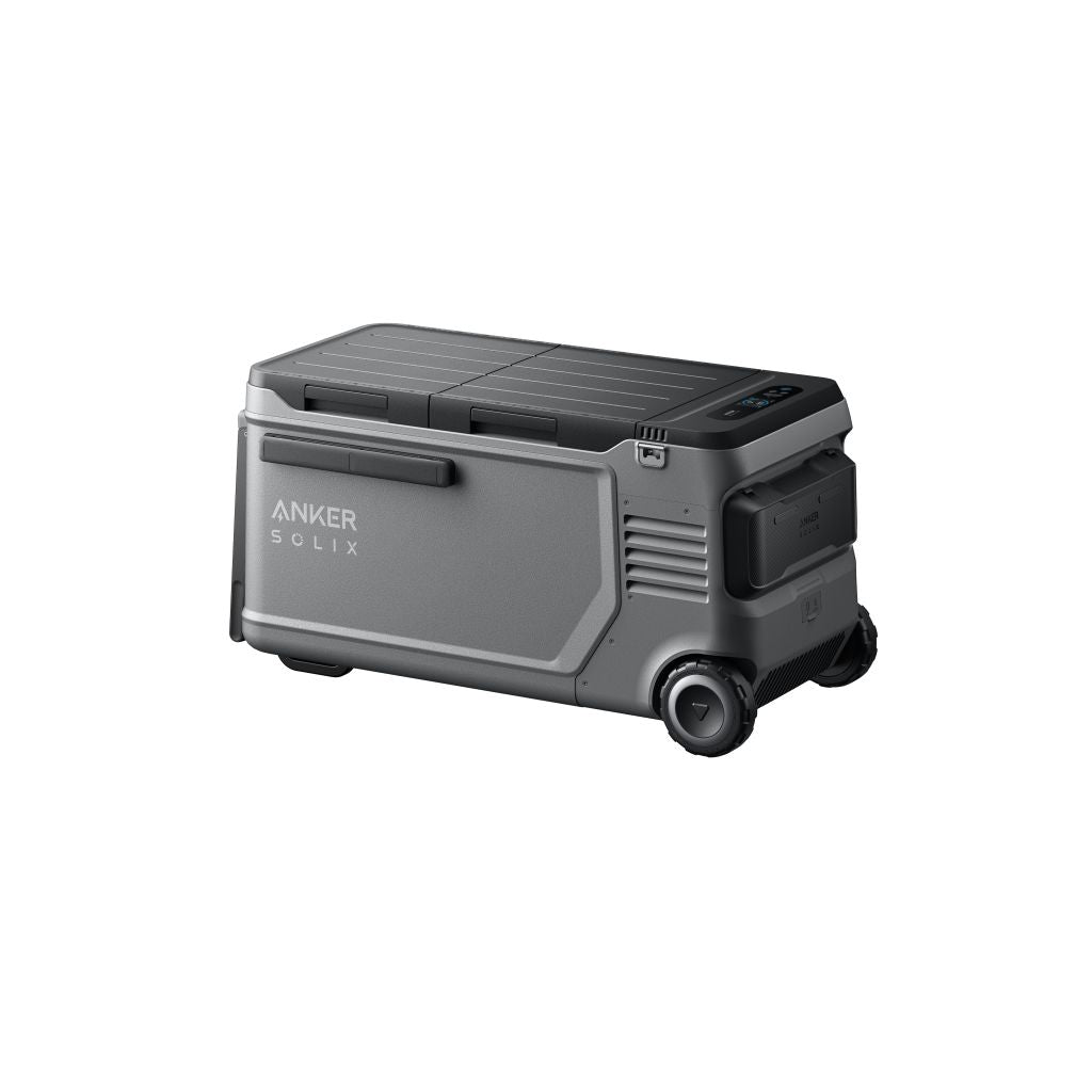 A gray Anker portable power station featuring wheels, handles, and a digital display is displayed against a white background.