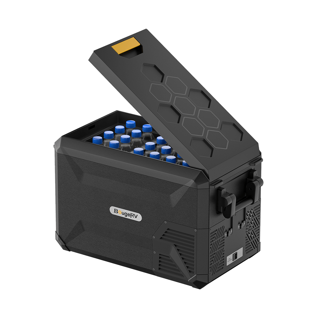 A portable refrigerator with a honeycomb-patterned lid is open, showcasing several bottles with blue caps inside. It includes a dual-zone system, a side handle, and a digital display at the base. The brand name "BougeRV" is prominently displayed on the front.