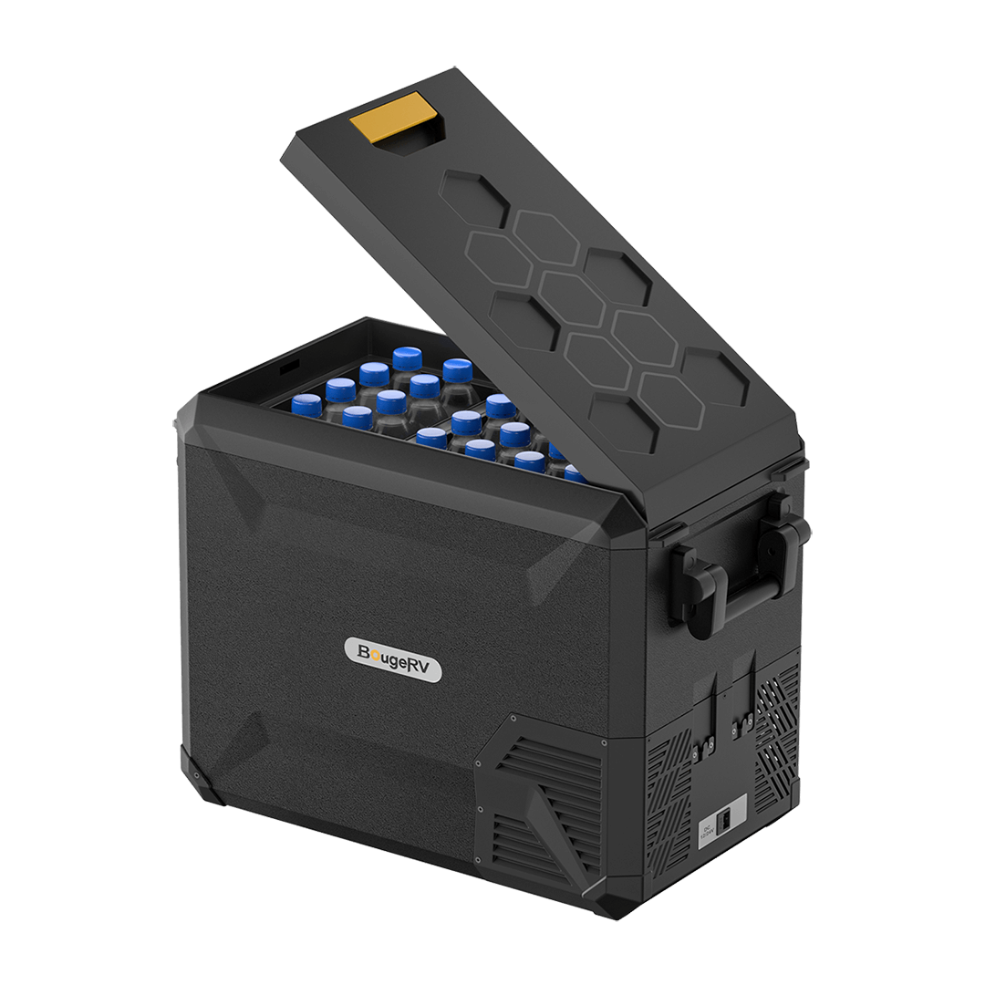 Introducing the BougeRV portable refrigerator, featuring a 43QT capacity and showcasing rows of blue-capped bottles when opened. It is equipped with Dual-Zone Cooling technology and sports a black exterior adorned with a hexagonal pattern on the lid. Various control buttons are conveniently located on the side, and the BougeRV brand is prominently displayed on the front.