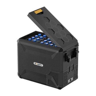 Introducing the BougeRV portable refrigerator, featuring a 43QT capacity and showcasing rows of blue-capped bottles when opened. It is equipped with Dual-Zone Cooling technology and sports a black exterior adorned with a hexagonal pattern on the lid. Various control buttons are conveniently located on the side, and the BougeRV brand is prominently displayed on the front.