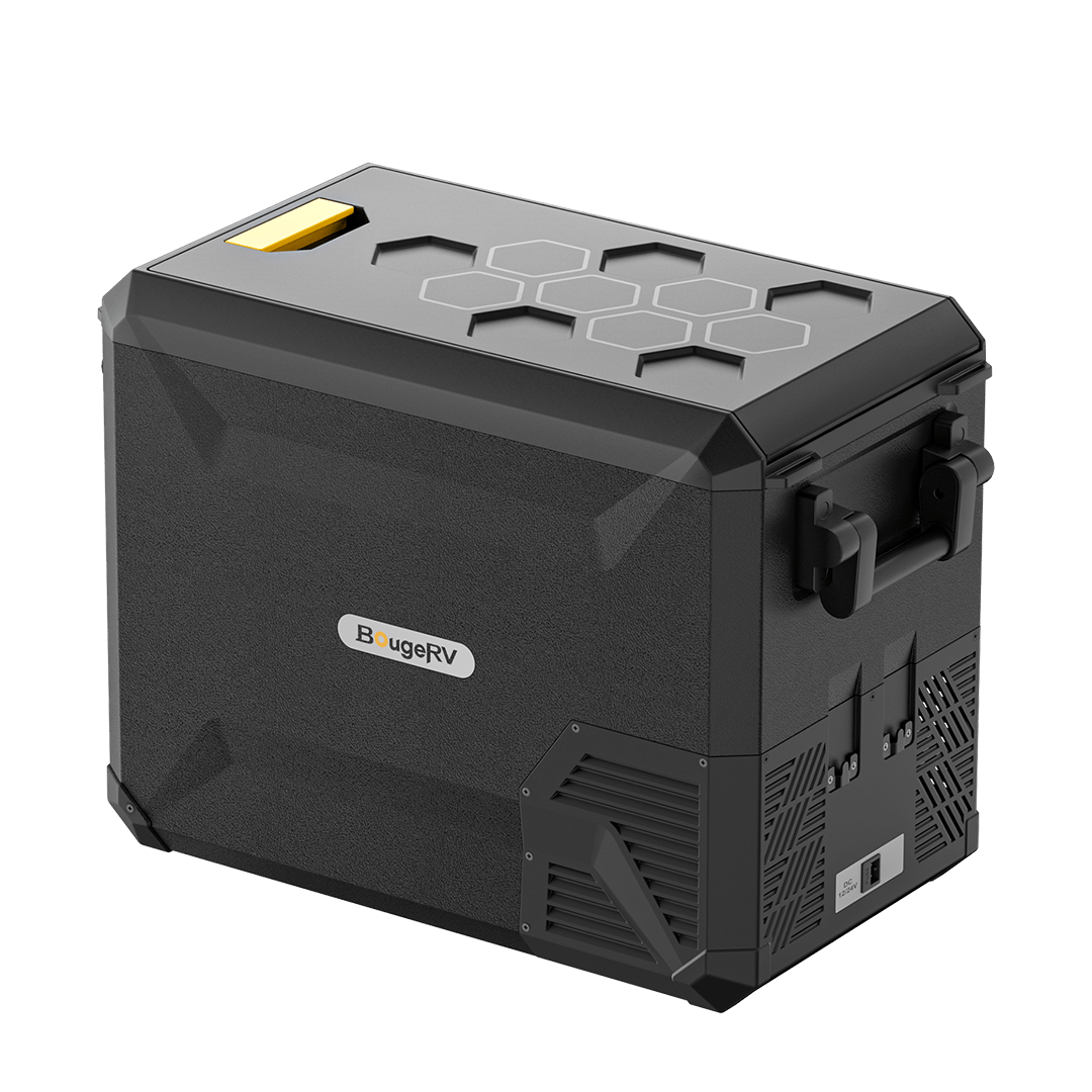 The BougeRV portable refrigerator, in black with dual-zone cooling and a 43QT capacity, features a yellow handle on top. It showcases a stylish hexagonal pattern alongside the BougeRV logo, complemented by an additional side handle for enhanced sturdiness and style.