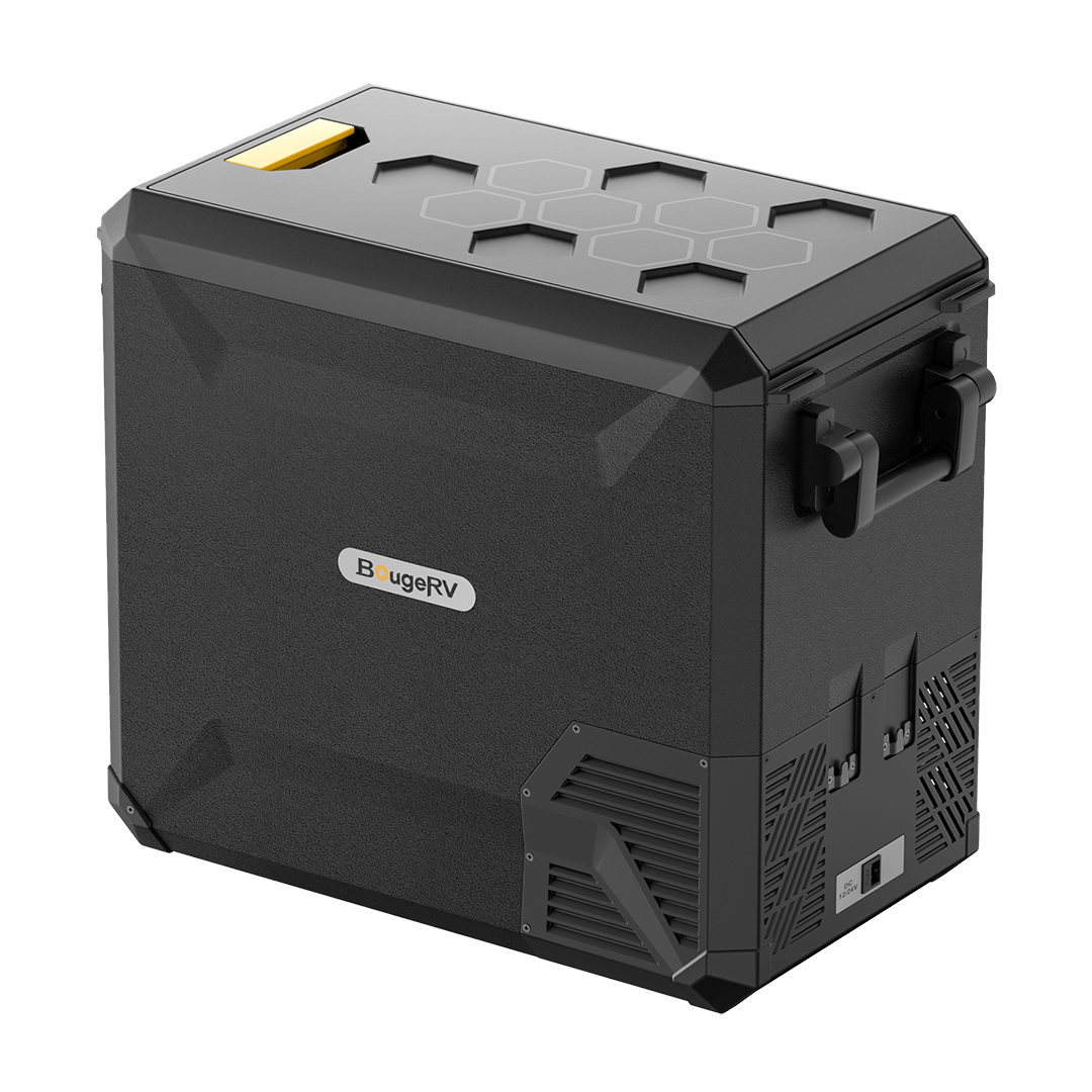 The BougeRV ASPEN 50 is a portable refrigerator designed in black with a striking yellow accent and a hexagon-patterned lid. It features dual-zone functionality and includes a side handle along with a power port near the base, allowing for convenient use in various locations.