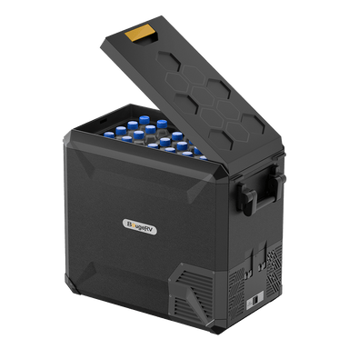 The BougeRV ASPEN 50 is a stylish black portable refrigerator freezer with dual zones. When opened, it reveals several bottles with blue caps neatly stored inside. The exterior features a logo, convenient handles, and vents to ensure efficient cooling wherever you take it.