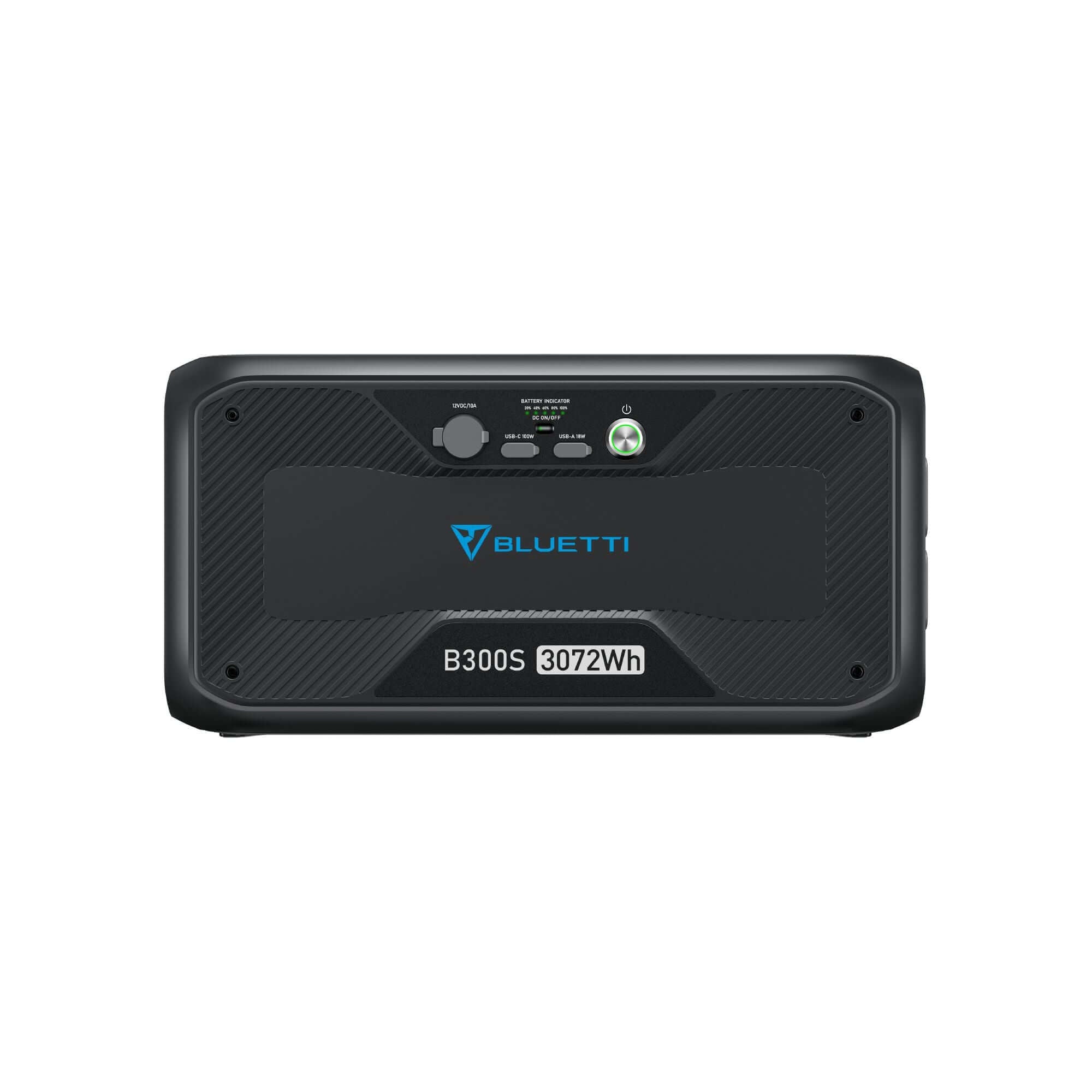 The image features the Bluetti B300S portable power station, boasting a 3072Wh capacity. Its front panel includes the Bluetti logo, control buttons, and indicator lights. The sleek black casing acts as an expansion battery to optimize your setup's efficiency.