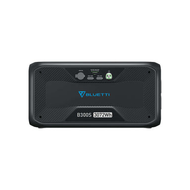 The image features the Bluetti B300S portable power station, boasting a 3072Wh capacity. Its front panel includes the Bluetti logo, control buttons, and indicator lights. The sleek black casing acts as an expansion battery to optimize your setup's efficiency.