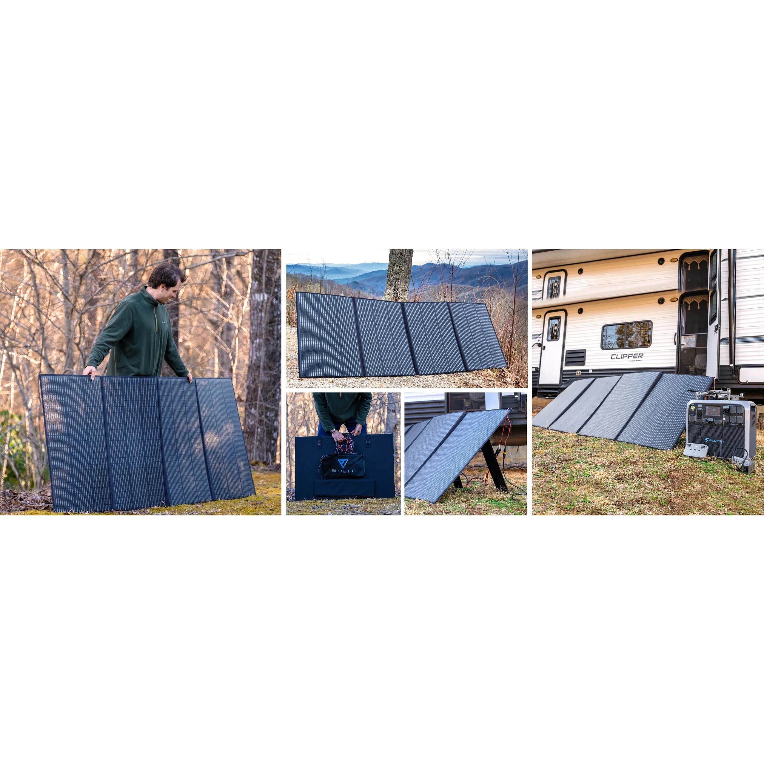 A collage of four images showcases the setup of a durable bluetti portable solar panel in stunning outdoor settings. One panel is placed beside a camper with a portable battery, efficiently converting sunlight amidst grassy fields, trees, and distant mountains.