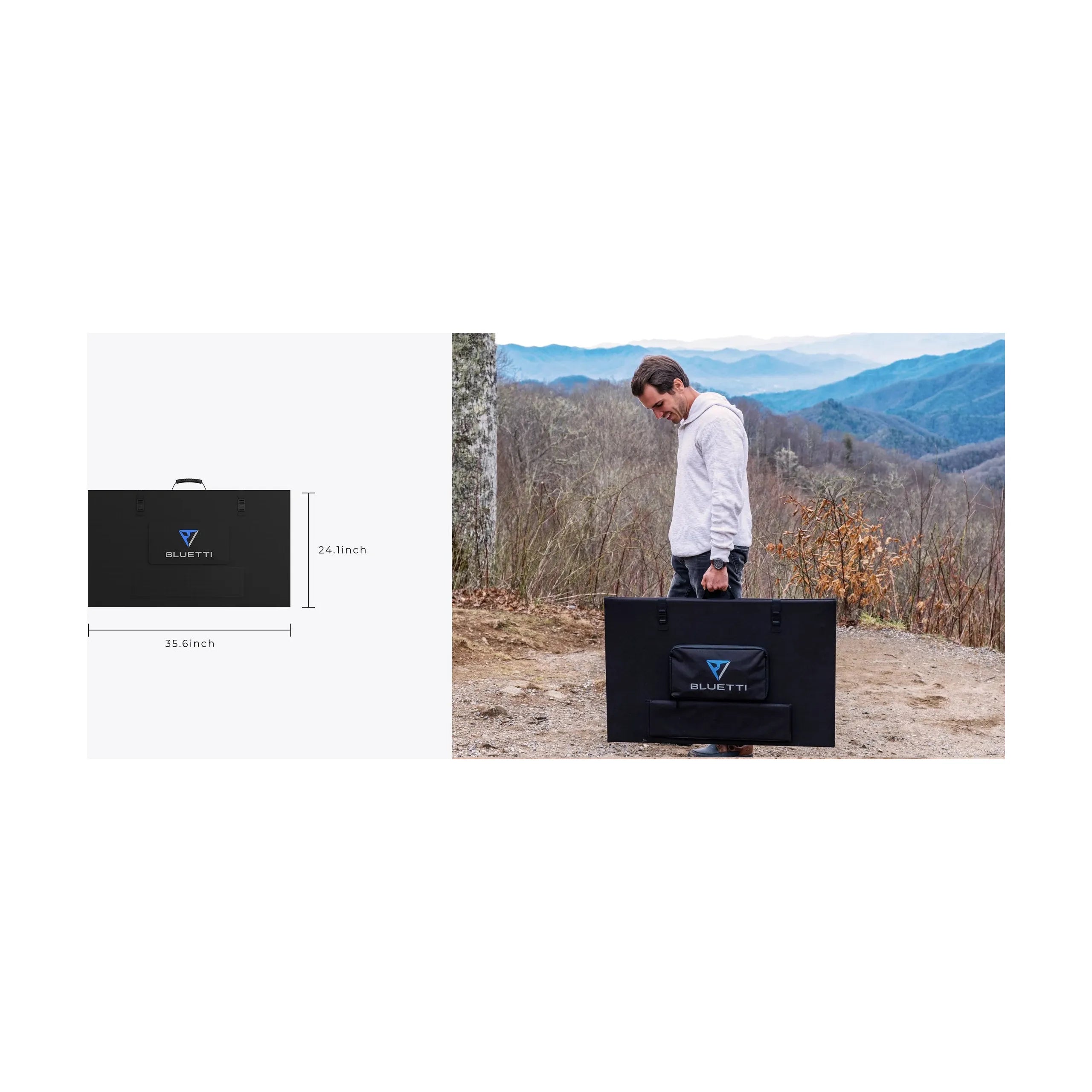 The image shows a portable, durable bluetti solar panel. A diagram on the left notes its dimensions: 35.6 inches wide and 24.1 inches tall. On the right, a person easily carries the folded panel outdoors against stunning mountains, emphasizing its high conversion efficiency.