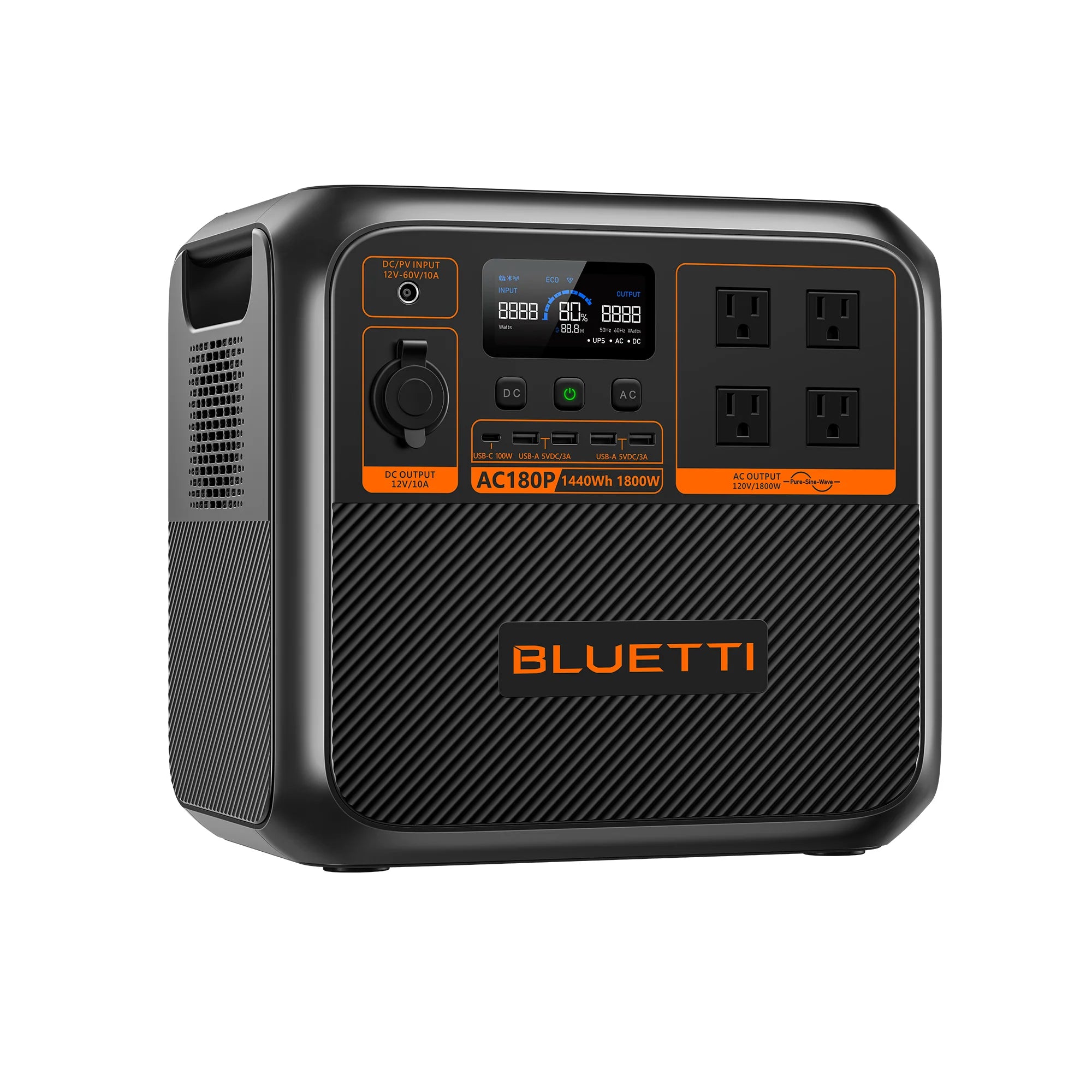 The image shows a black Bluetti AC180P portable power station with orange accents and "BLUETTI" in orange on the lower front. It features a digital display, four AC outlets, and various input/output ports on the front, highlighting its versatile power source capabilities.