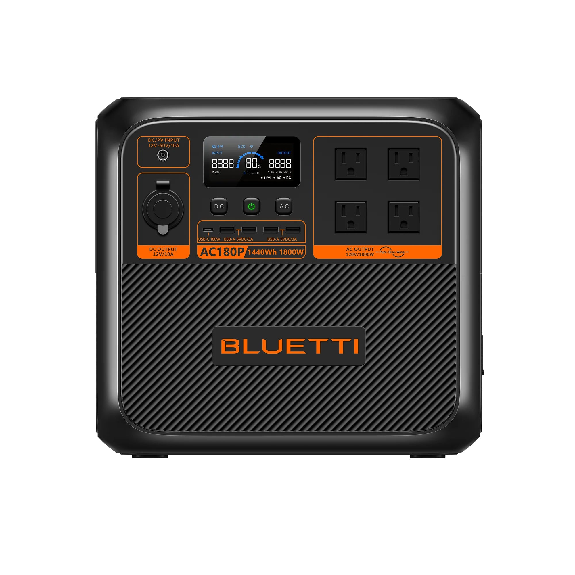 The Bluetti AC180P portable power station sports a stylish black and orange look with a digital display and versatile ports, including four outlets and a USB-C port. "Bluetti" is prominently branded, offering reliable power solutions on the go.